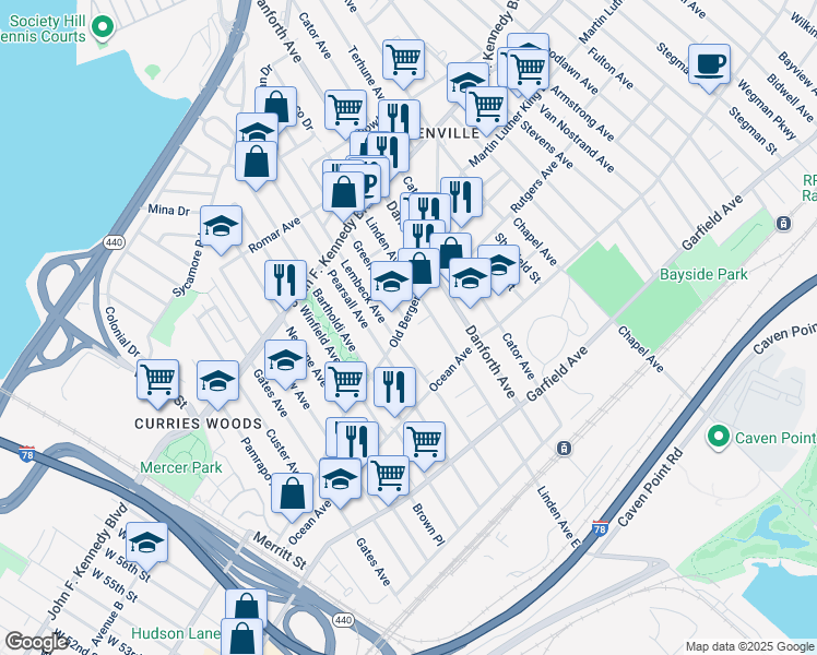 map of restaurants, bars, coffee shops, grocery stores, and more near 15 Greenville Avenue in Jersey City
