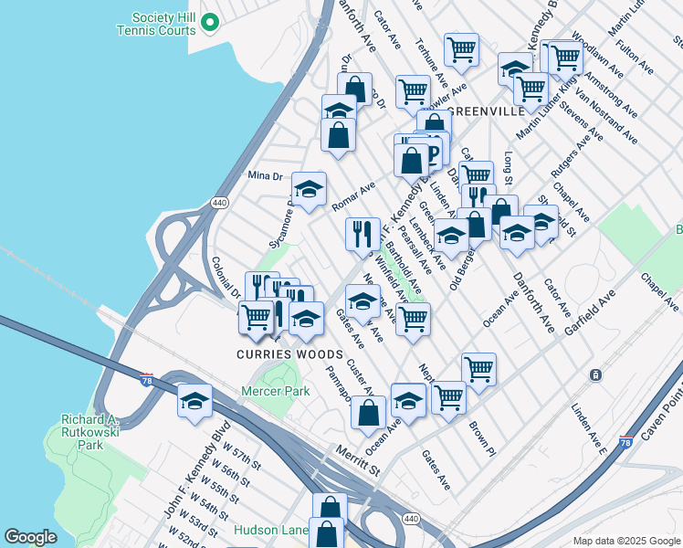 map of restaurants, bars, coffee shops, grocery stores, and more near 236 Neptune Avenue in Jersey City
