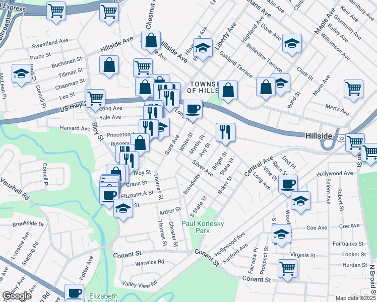 map of restaurants, bars, coffee shops, grocery stores, and more near 1291 White Street in Hillside