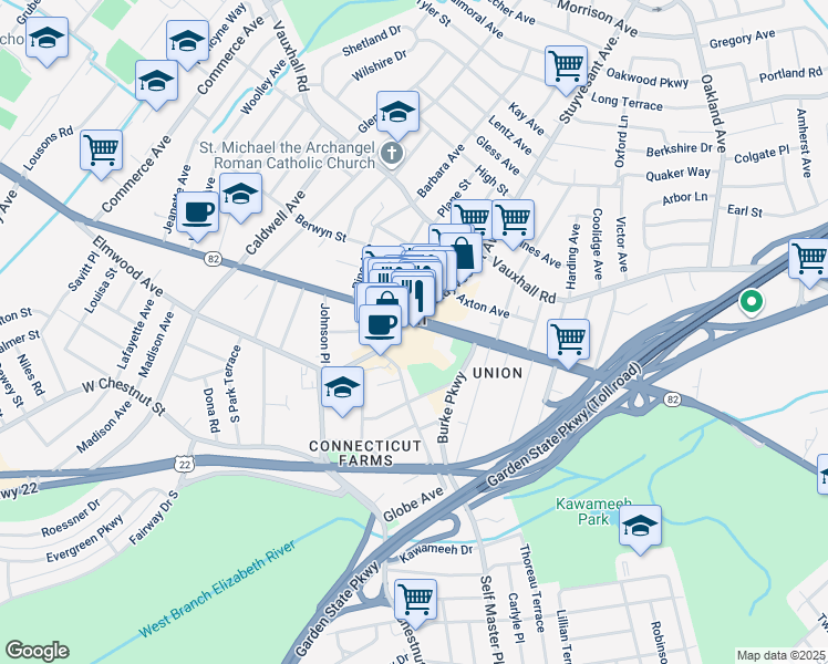 map of restaurants, bars, coffee shops, grocery stores, and more near in Union