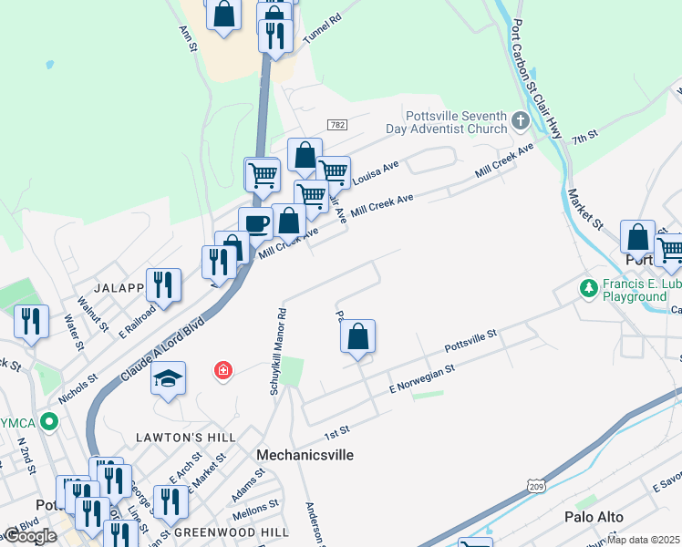 map of restaurants, bars, coffee shops, grocery stores, and more near 1009 Schuylkill Manor Road in Pottsville