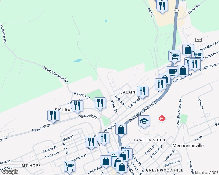 map of restaurants, bars, coffee shops, grocery stores, and more near 818 Walnut Street in Pottsville