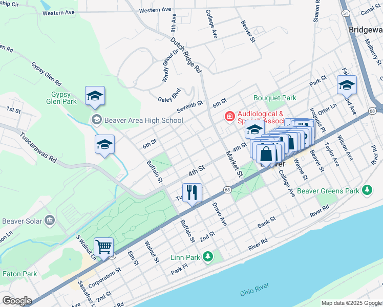 map of restaurants, bars, coffee shops, grocery stores, and more near 480 Dravo Avenue in Beaver