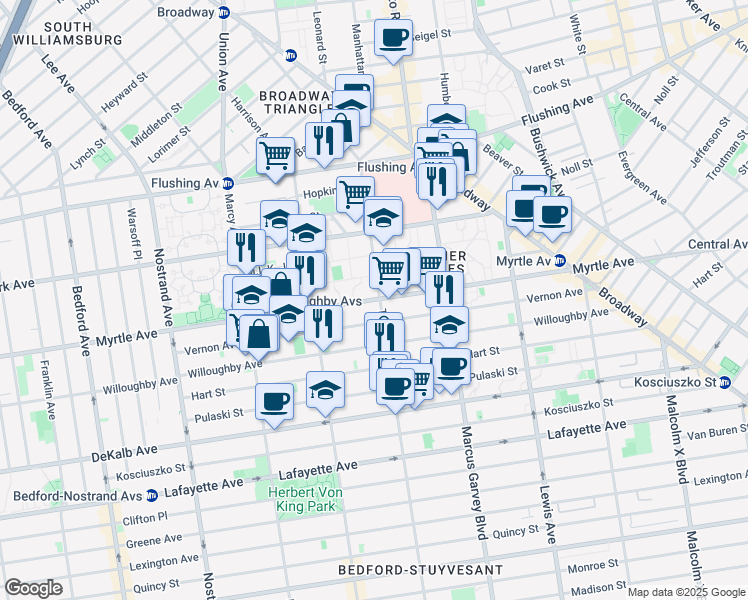 map of restaurants, bars, coffee shops, grocery stores, and more near 971 Myrtle Avenue in Brooklyn