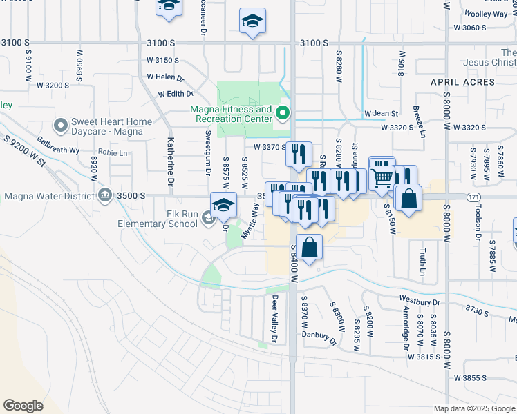 map of restaurants, bars, coffee shops, grocery stores, and more near 3521 Mystic Way in Magna