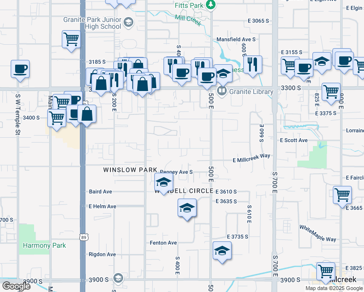map of restaurants, bars, coffee shops, grocery stores, and more near 405 East Scott Avenue in Salt Lake City
