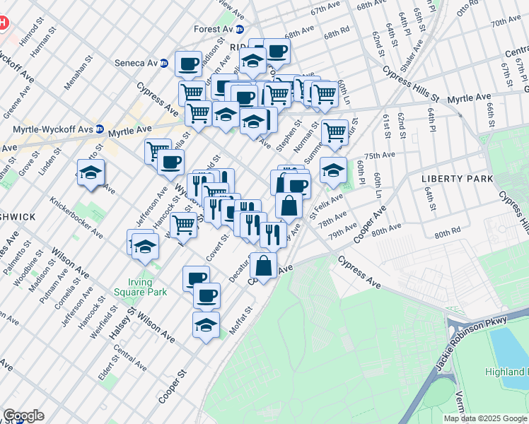 map of restaurants, bars, coffee shops, grocery stores, and more near 1653 Summerfield Street in Queens