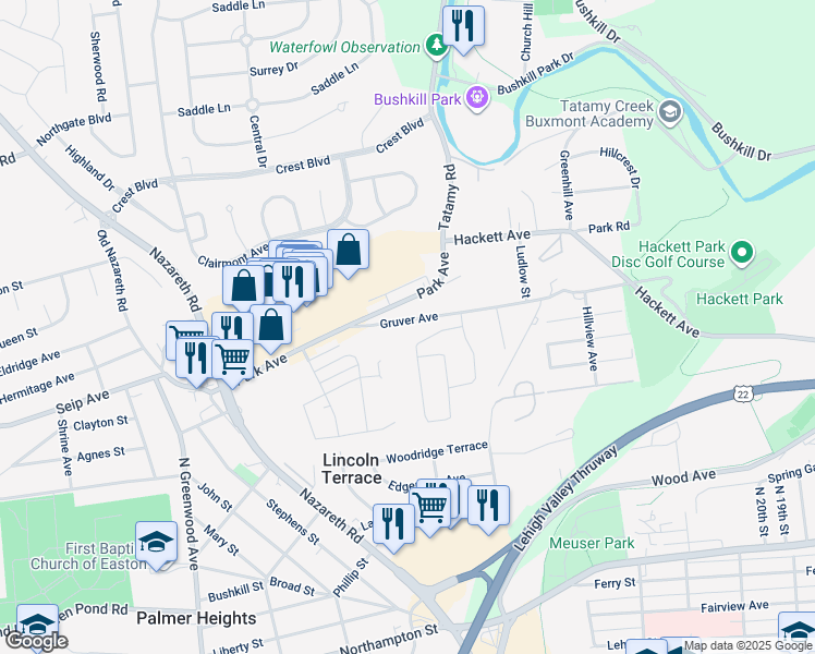 map of restaurants, bars, coffee shops, grocery stores, and more near 2348 Gruver Avenue in Easton