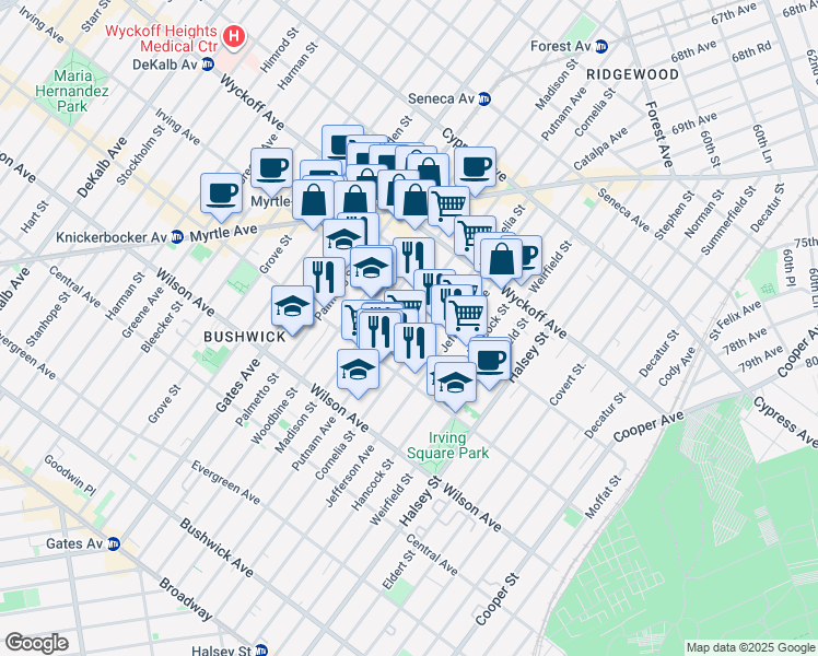 map of restaurants, bars, coffee shops, grocery stores, and more near 1424 Putnam Avenue in Brooklyn