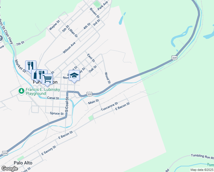 map of restaurants, bars, coffee shops, grocery stores, and more near 55 East Washington Street in Port Carbon