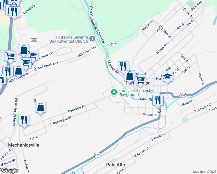 map of restaurants, bars, coffee shops, grocery stores, and more near 114 4th Street in Port Carbon