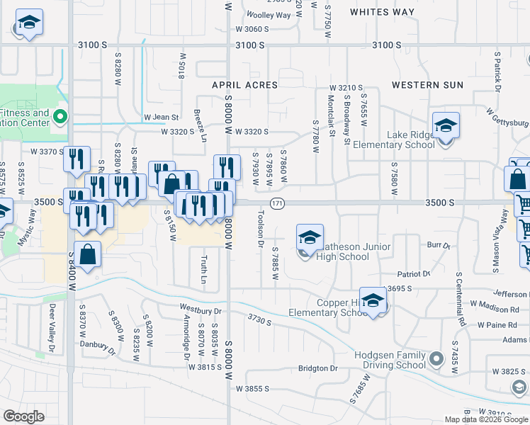 map of restaurants, bars, coffee shops, grocery stores, and more near 3519 Toolson Drive in Magna