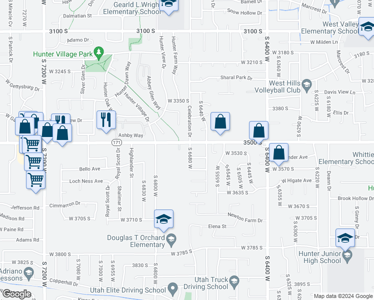 map of restaurants, bars, coffee shops, grocery stores, and more near 3520 Orchard Hills Way in West Valley City