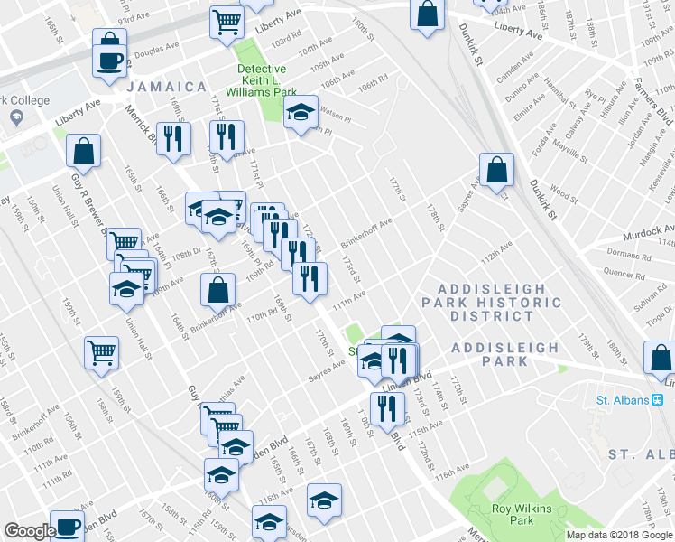 map of restaurants, bars, coffee shops, grocery stores, and more near 110-23 172nd Street in Queens