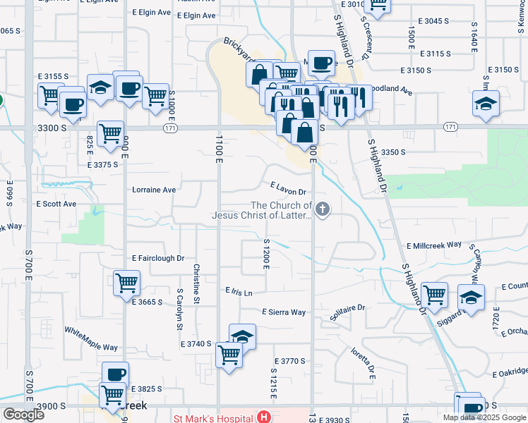 map of restaurants, bars, coffee shops, grocery stores, and more near 1199 East Lorraine Drive in Salt Lake City