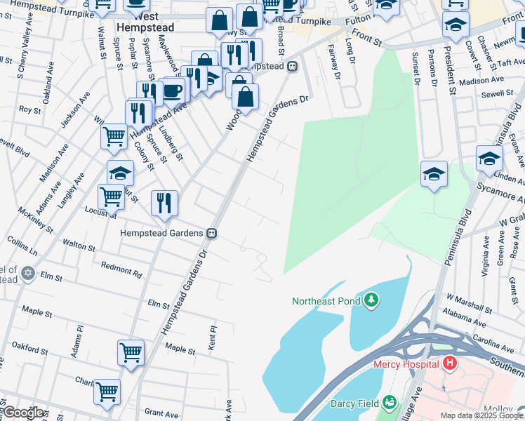 map of restaurants, bars, coffee shops, grocery stores, and more near 557 Linden Street in West Hempstead