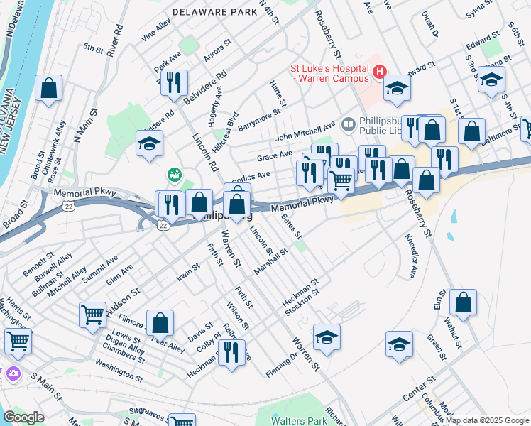 map of restaurants, bars, coffee shops, grocery stores, and more near 555 Memorial Parkway in Phillipsburg