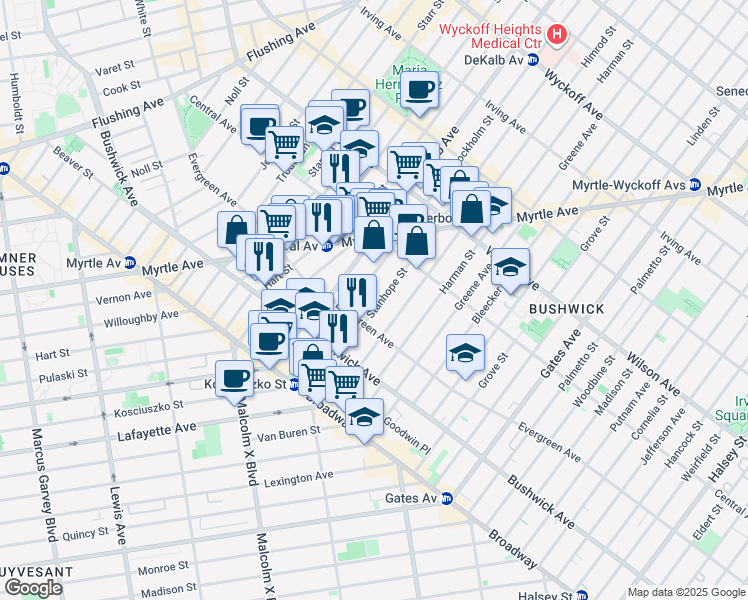 map of restaurants, bars, coffee shops, grocery stores, and more near 57 Stockholm Street in Brooklyn