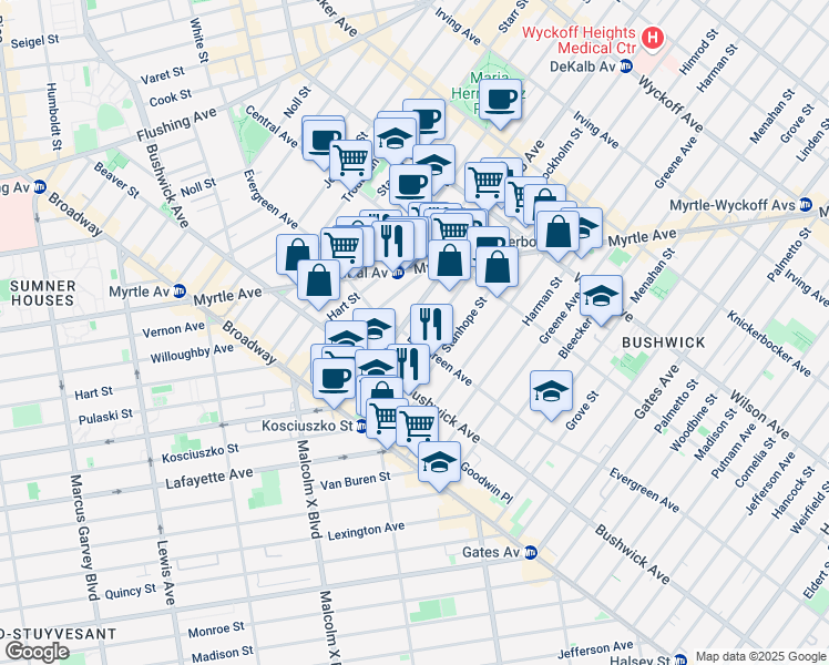 map of restaurants, bars, coffee shops, grocery stores, and more near 57 Stockholm Street in Brooklyn