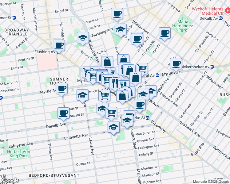 map of restaurants, bars, coffee shops, grocery stores, and more near 12 Ditmars Street in Brooklyn