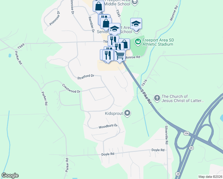 map of restaurants, bars, coffee shops, grocery stores, and more near 140 Woodhaven Drive in Sarver