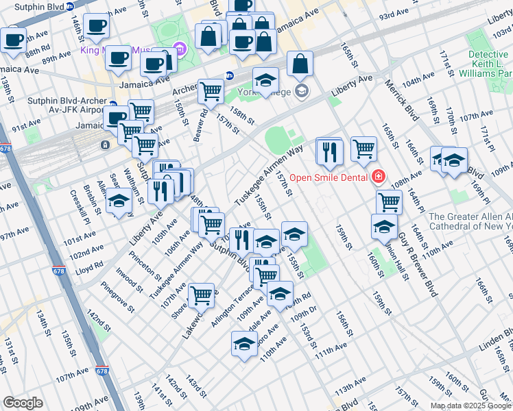 map of restaurants, bars, coffee shops, grocery stores, and more near 106-15 155th Street in Queens