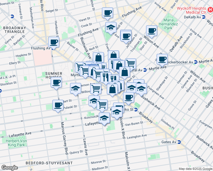 map of restaurants, bars, coffee shops, grocery stores, and more near 12 Ditmars Street in Brooklyn