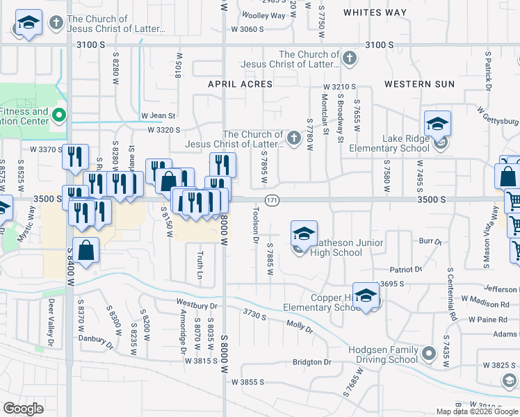 map of restaurants, bars, coffee shops, grocery stores, and more near 3519 Toolson Drive in Magna