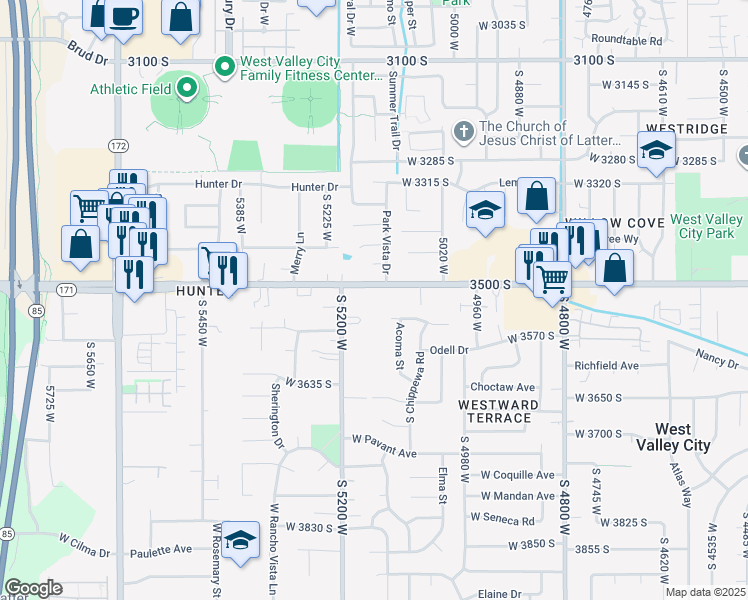 map of restaurants, bars, coffee shops, grocery stores, and more near 3516 South Carnegie Lane in West Valley City