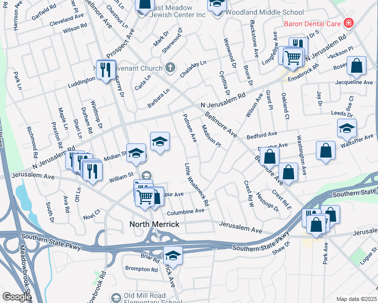 map of restaurants, bars, coffee shops, grocery stores, and more near 920 Putnam Avenue in Merrick