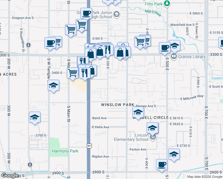 map of restaurants, bars, coffee shops, grocery stores, and more near 3443 South 200 East in South Salt Lake
