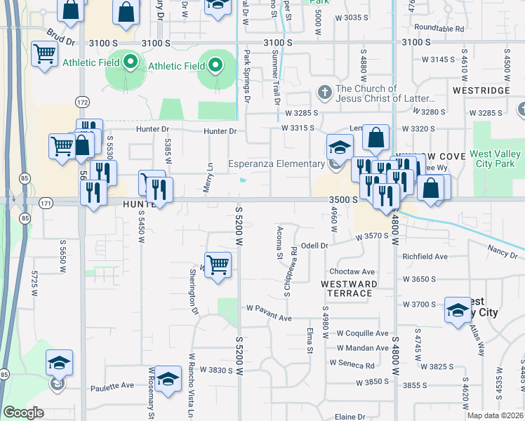 map of restaurants, bars, coffee shops, grocery stores, and more near 3516 South Carnegie Lane in West Valley City