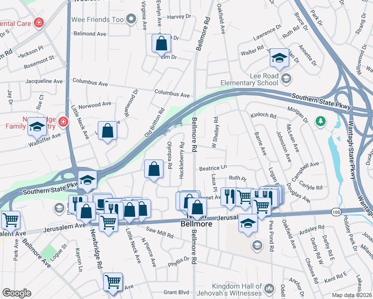 map of restaurants, bars, coffee shops, grocery stores, and more near 1021 Huckleberry Road in North Bellmore