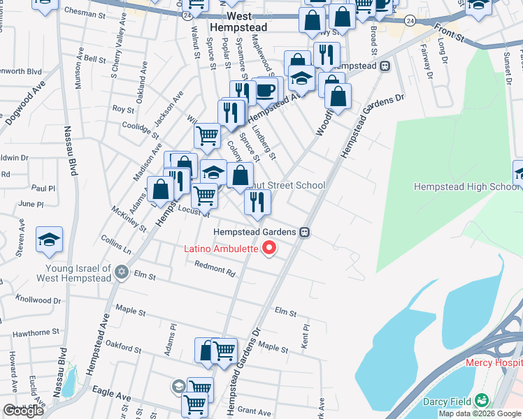 map of restaurants, bars, coffee shops, grocery stores, and more near 326 Woodfield Road in West Hempstead