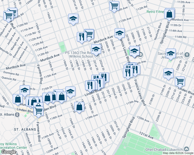 map of restaurants, bars, coffee shops, grocery stores, and more near 201-01 116th Avenue in Queens