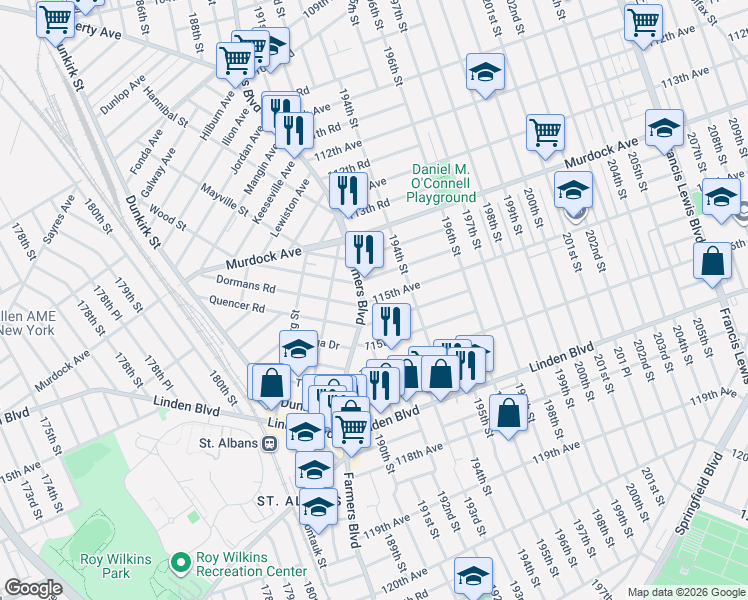 map of restaurants, bars, coffee shops, grocery stores, and more near in Queens