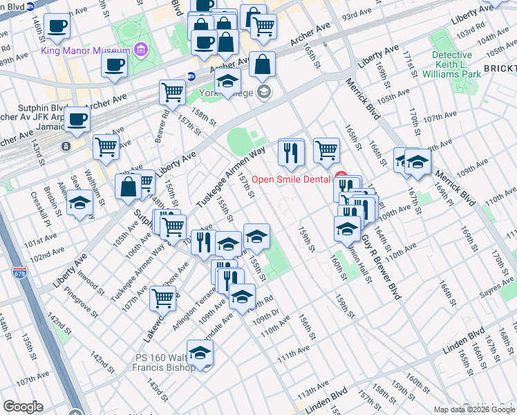map of restaurants, bars, coffee shops, grocery stores, and more near 106-48 157th Street in Queens