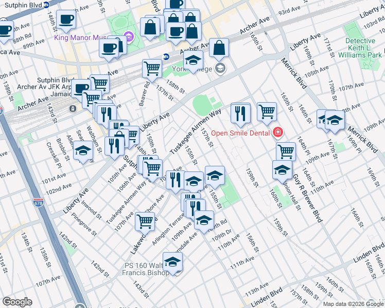 map of restaurants, bars, coffee shops, grocery stores, and more near 106-15 155th Street in Queens