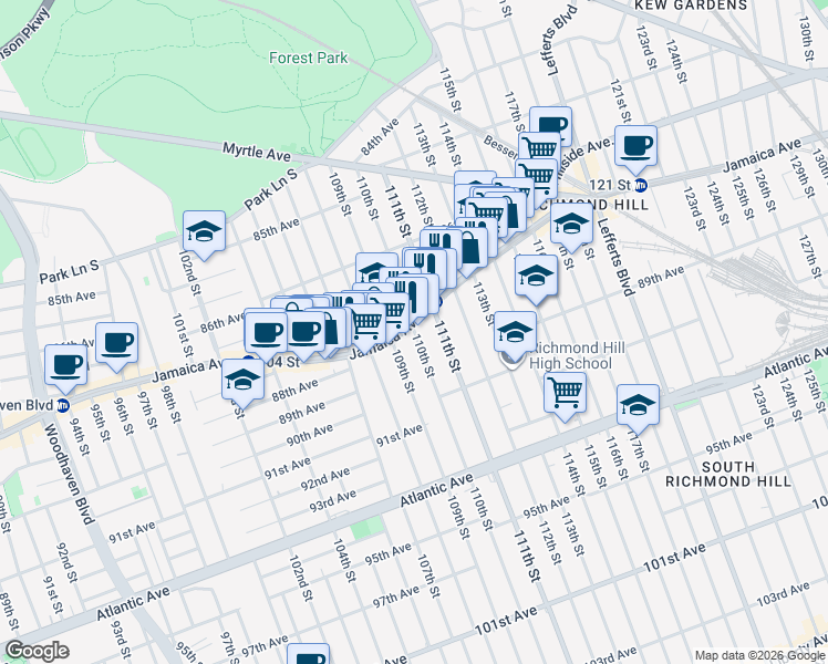 map of restaurants, bars, coffee shops, grocery stores, and more near 11014 Jamaica Avenue in Queens