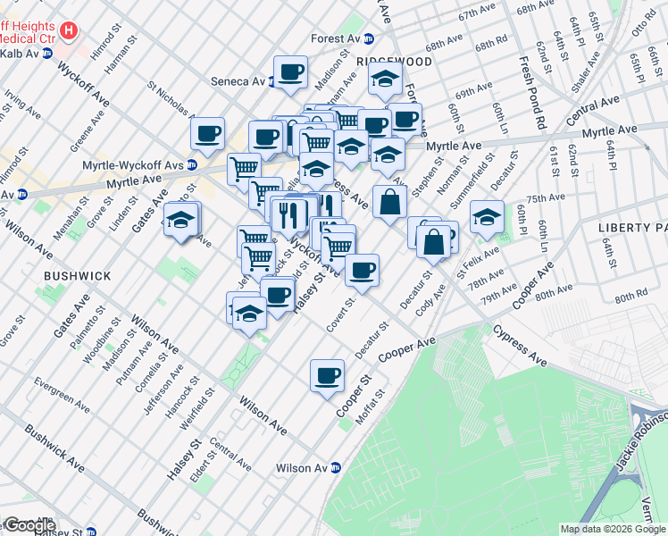 map of restaurants, bars, coffee shops, grocery stores, and more near in Brooklyn
