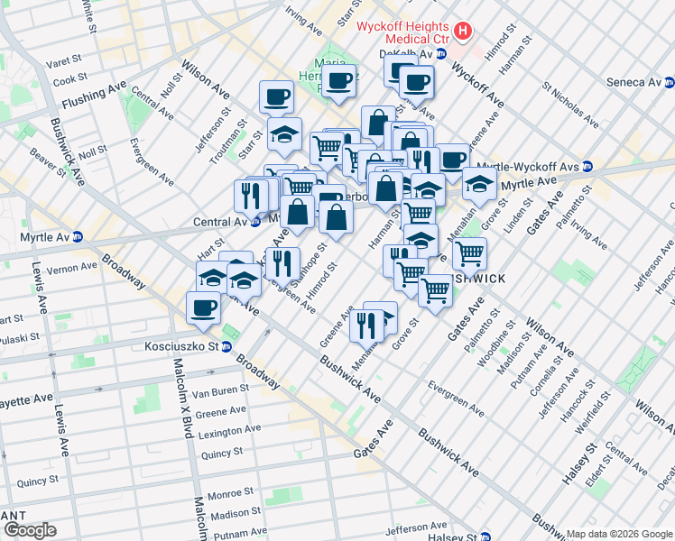 map of restaurants, bars, coffee shops, grocery stores, and more near 112 Himrod Street in Brooklyn