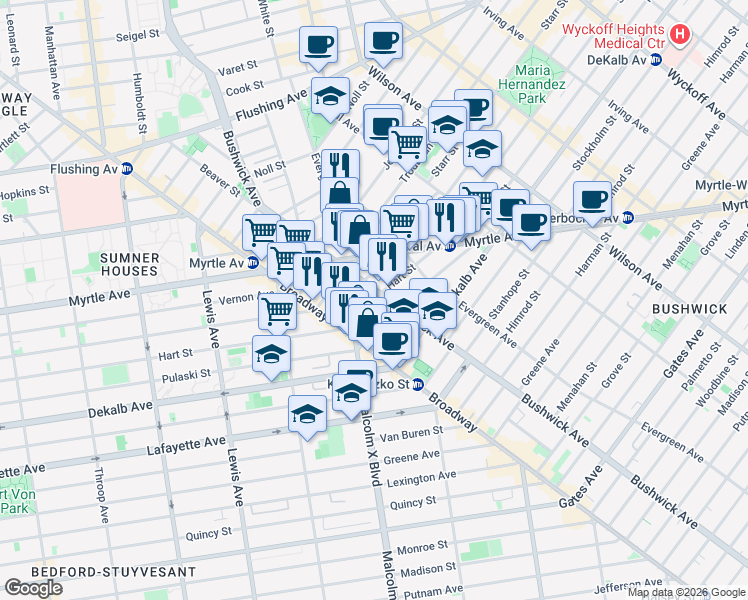 map of restaurants, bars, coffee shops, grocery stores, and more near 717 Bushwick Avenue in Brooklyn