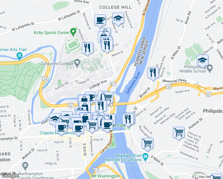 map of restaurants, bars, coffee shops, grocery stores, and more near 10 North Delaware Drive in Easton