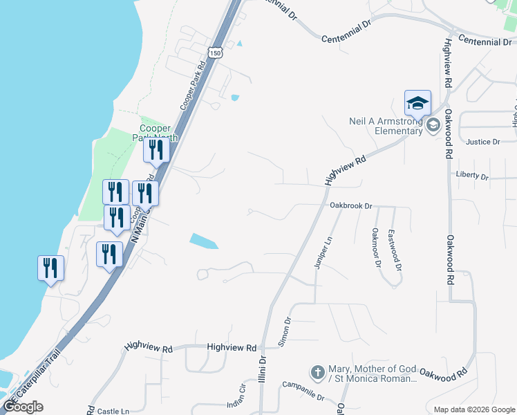 map of restaurants, bars, coffee shops, grocery stores, and more near 144 Rue Vue Du Lac in East Peoria