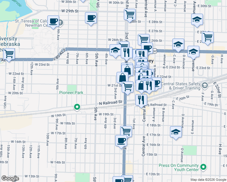 map of restaurants, bars, coffee shops, grocery stores, and more near 248-298 W 21st St in Kearney