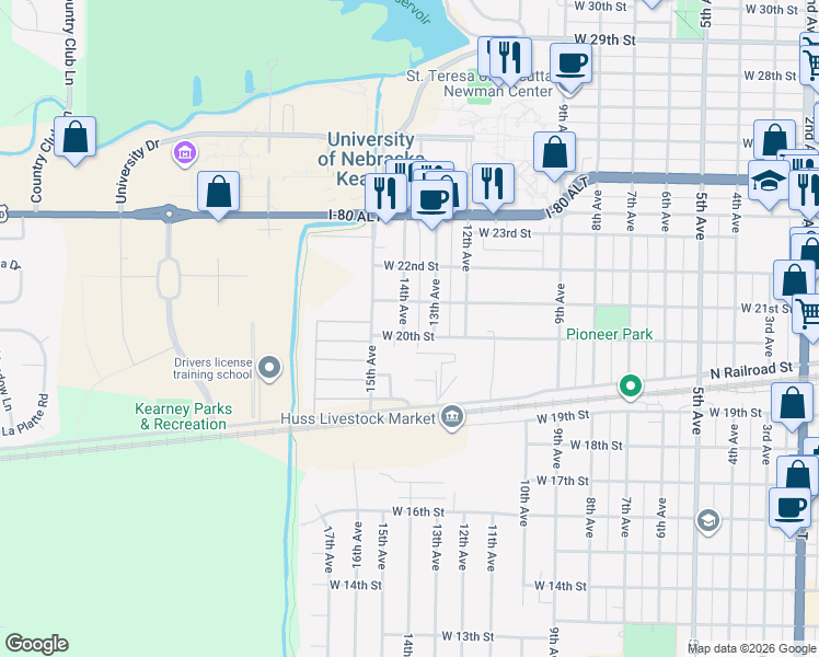 map of restaurants, bars, coffee shops, grocery stores, and more near 2000-2098 14th Avenue in Kearney