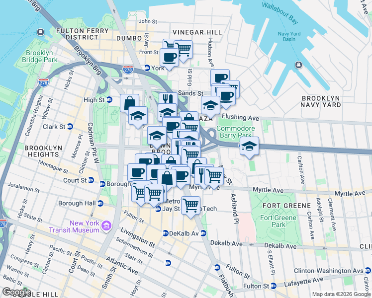 map of restaurants, bars, coffee shops, grocery stores, and more near Tillary St & Gold St in Brooklyn