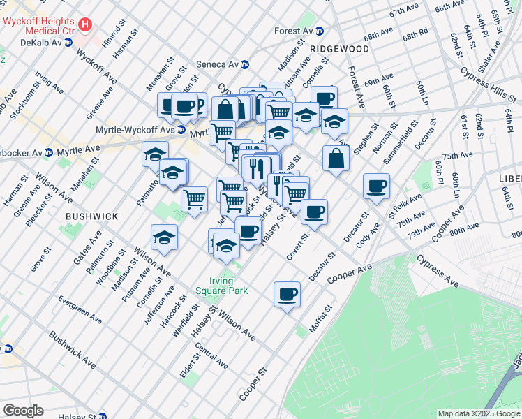 map of restaurants, bars, coffee shops, grocery stores, and more near in Queens