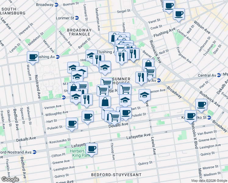 map of restaurants, bars, coffee shops, grocery stores, and more near 991 Myrtle Avenue in Brooklyn