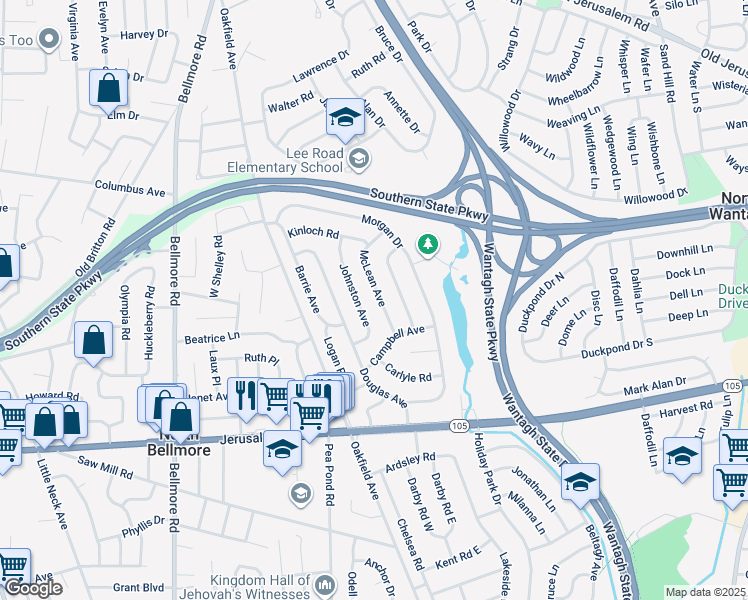 map of restaurants, bars, coffee shops, grocery stores, and more near 1054 McLean Avenue in Wantagh